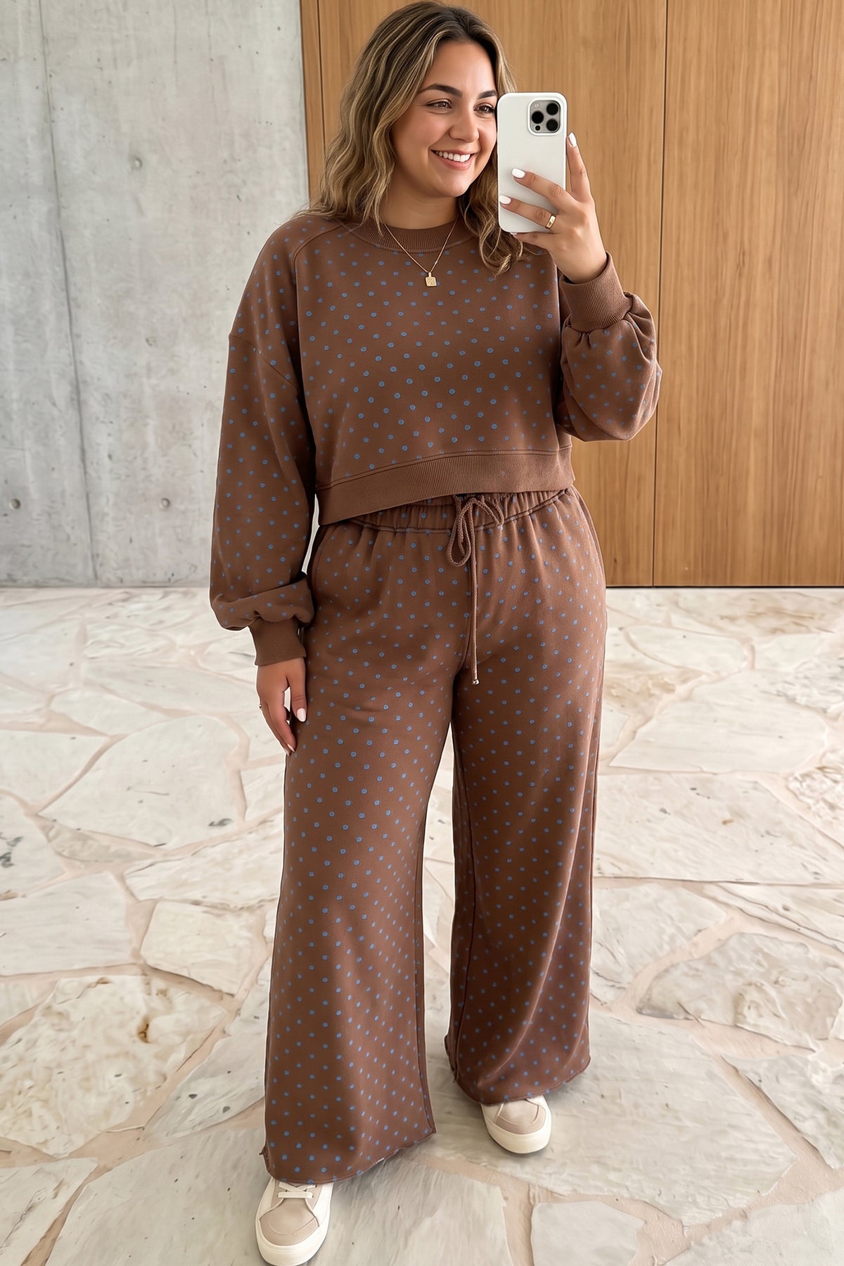 Brown Polka Dot Round-Neck Long-Sleeve Plus Size Set