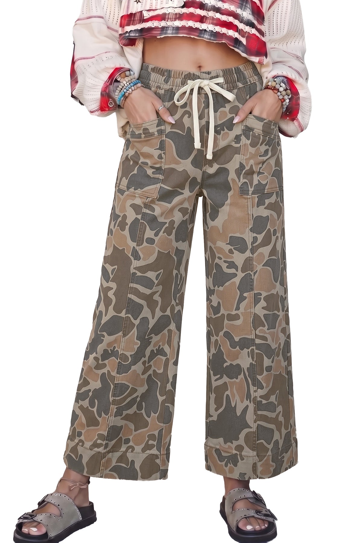 Multicolor Camo Drawstring Waist Pocket Jeans