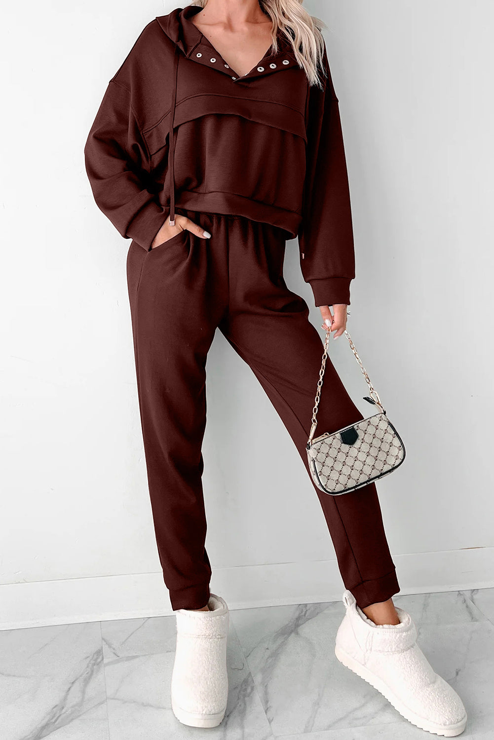 Women's Chicory Coffee Button Cropped Hoodie Jogger Two-Piece Set