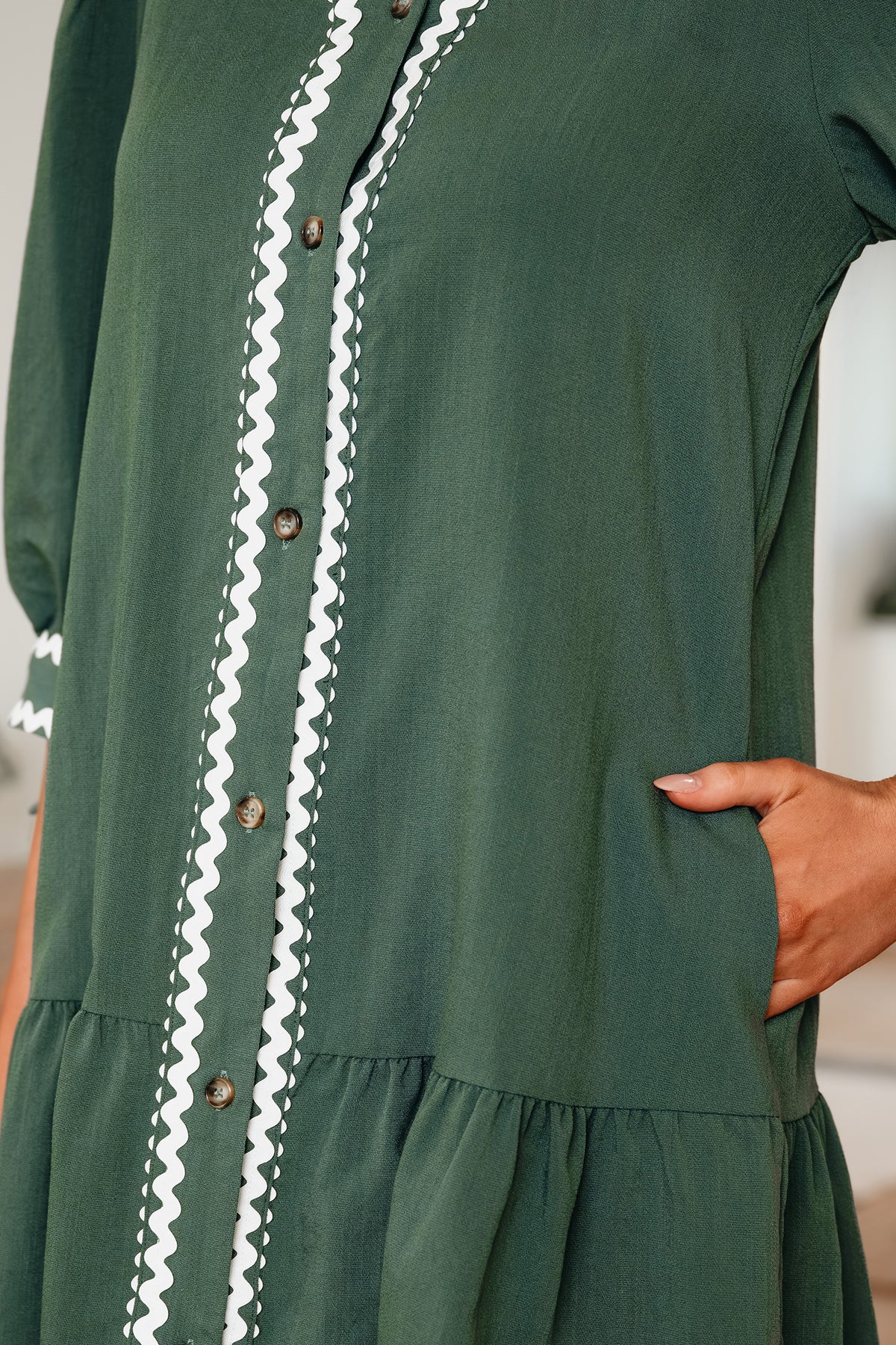 Canton Ricrac Trim Button V Neck Knotted Bracelet Sleeve Shift Dress