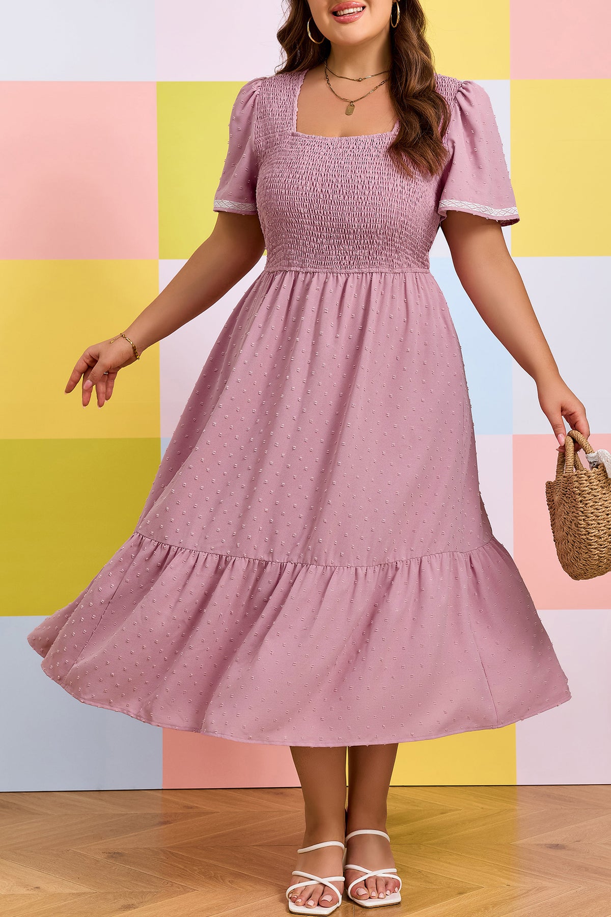 Pink Plus Size Swiss Dot Short-Sleeve Smocked High Waist Flowy Midi Dress