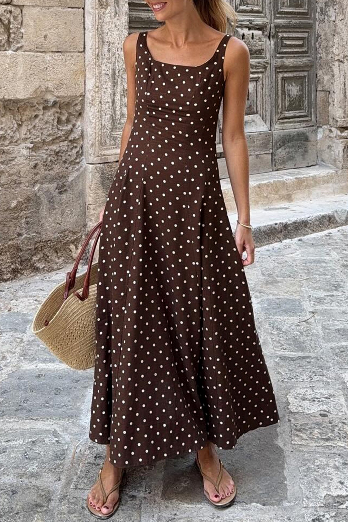 Brown Polka Dot Square-Neck Maxi Dress