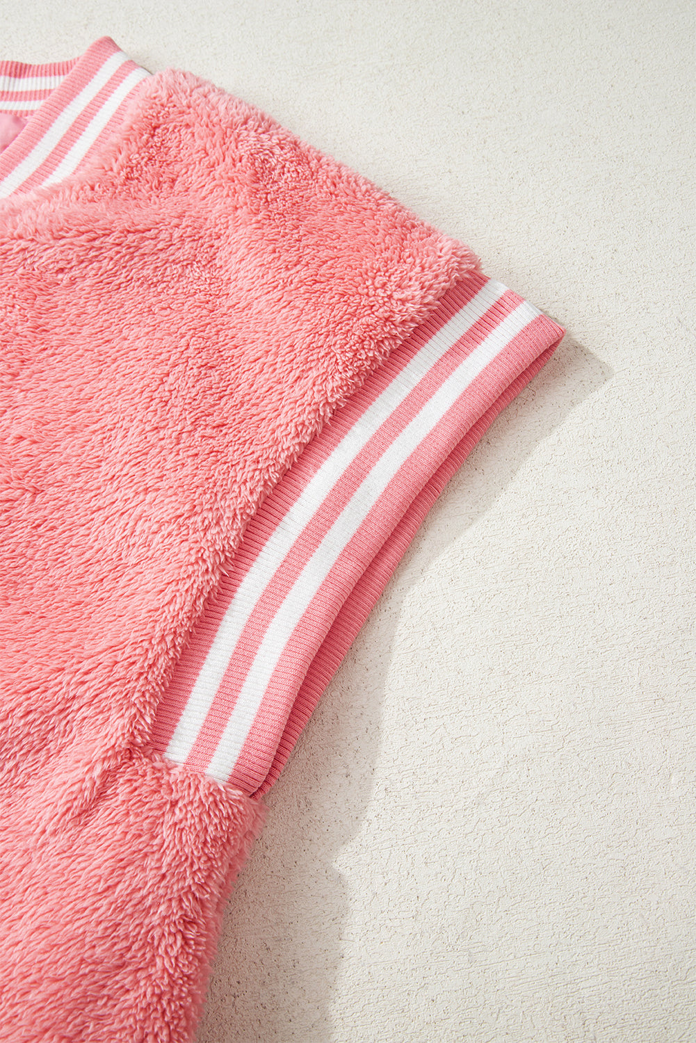 Gossamer Pink Varsity Striped Banding Patchwork Winter Plush Vest