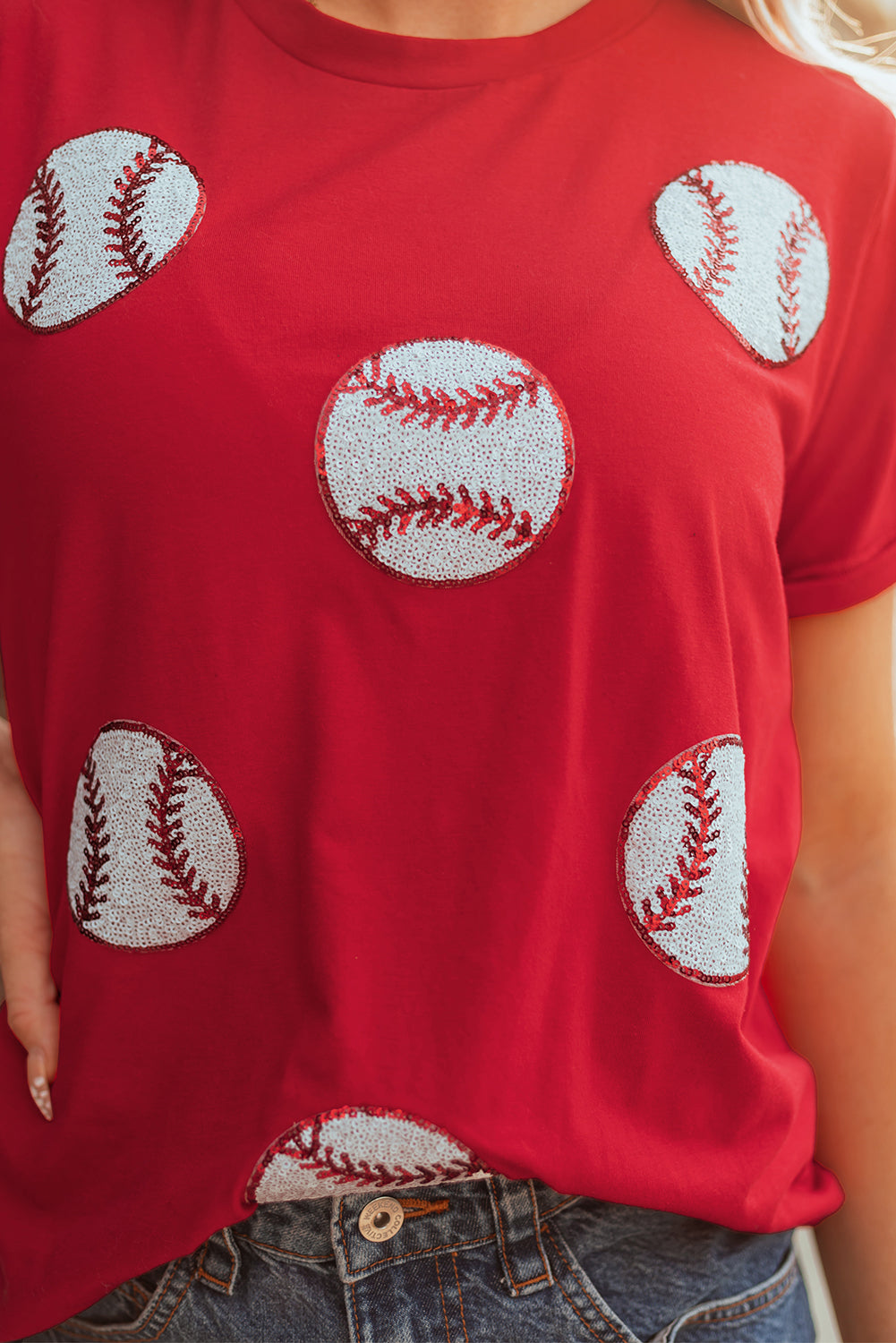 Red Glittering Rugby Pattern Crew Neck Game Day T-Shirt
