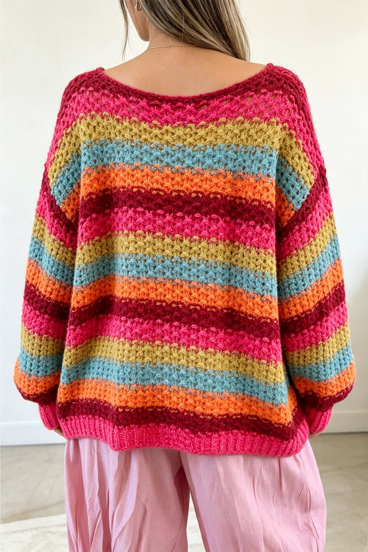 Rose Red Crochet Stripe Knit Oversized Sweater
