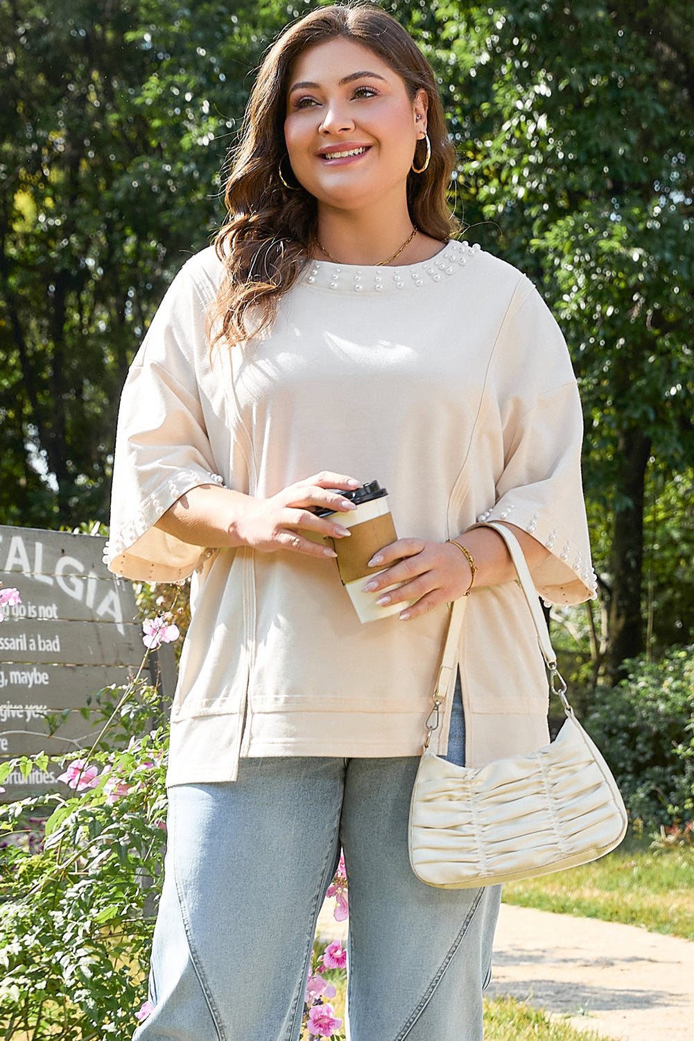 Beige Pearl Decor Crew Neck Half-Sleeve Plus Size T-Shirt