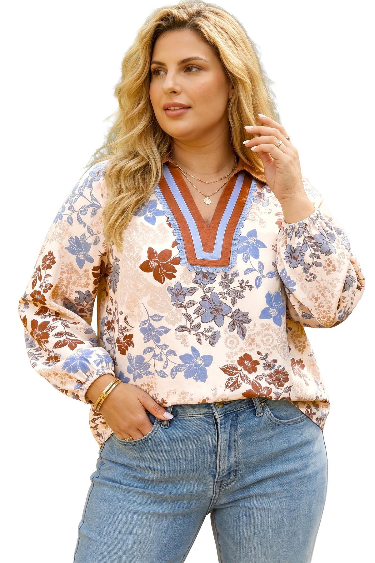 White Plus Size Floral Print Contrast Collar V-Neck Long-Sleeve Blouse