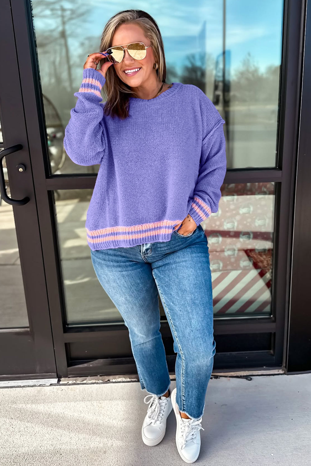 Wisteria Plus Size Striped Trim Drop-Shoulder Knit Loose Sweater