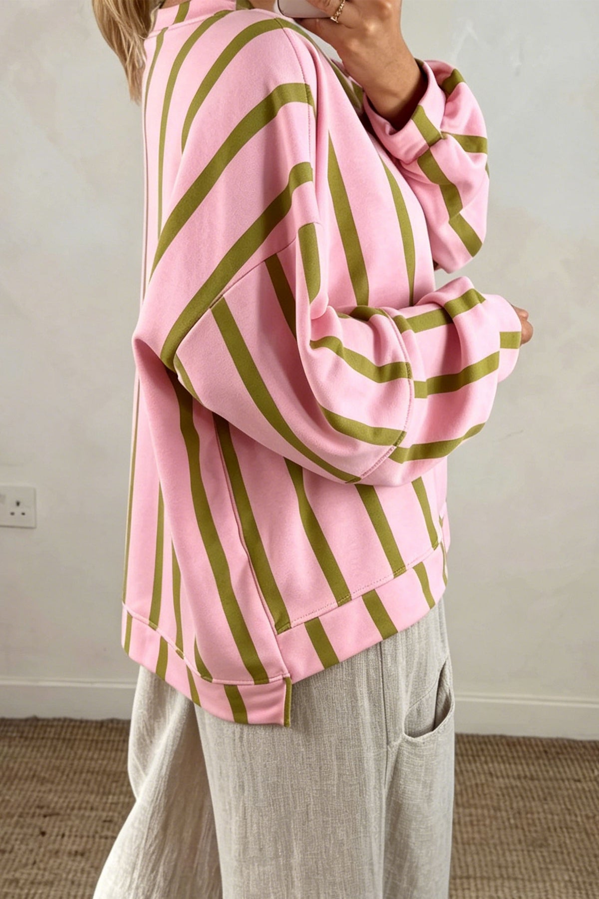 Pink Stripe Dropped Shoulder Round Neck Sweatshirt