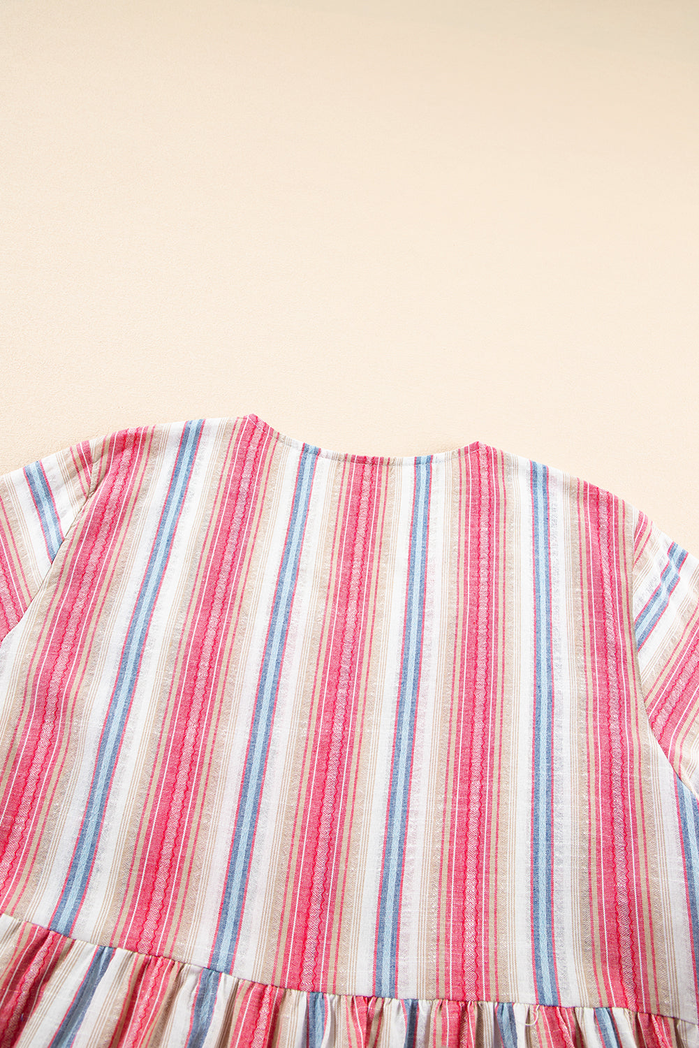 White Stripe Plus Size Embroidered Detail Flared 3/4 Sleeve V-Neck Dress
