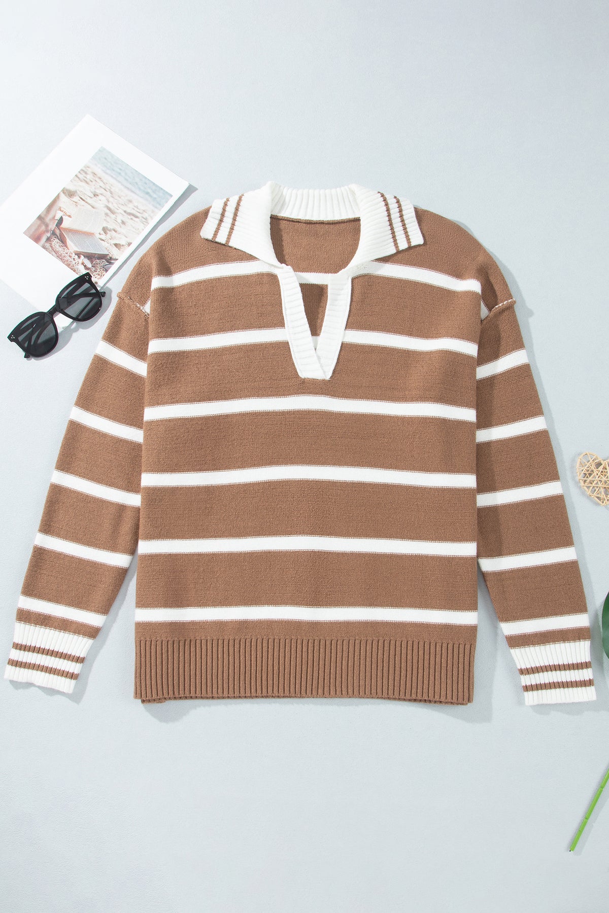 Brown Stripe Striped V Neck Long Sleeve Plus Size Sweater