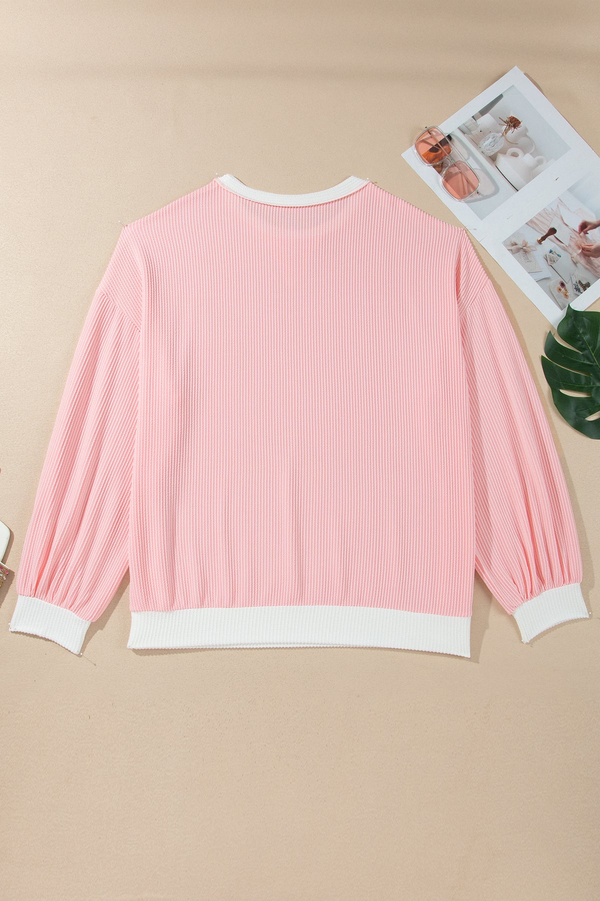 Pink Ribbed Knit Color-Block Long-Sleeve Round-Neck Plus Size Blouse