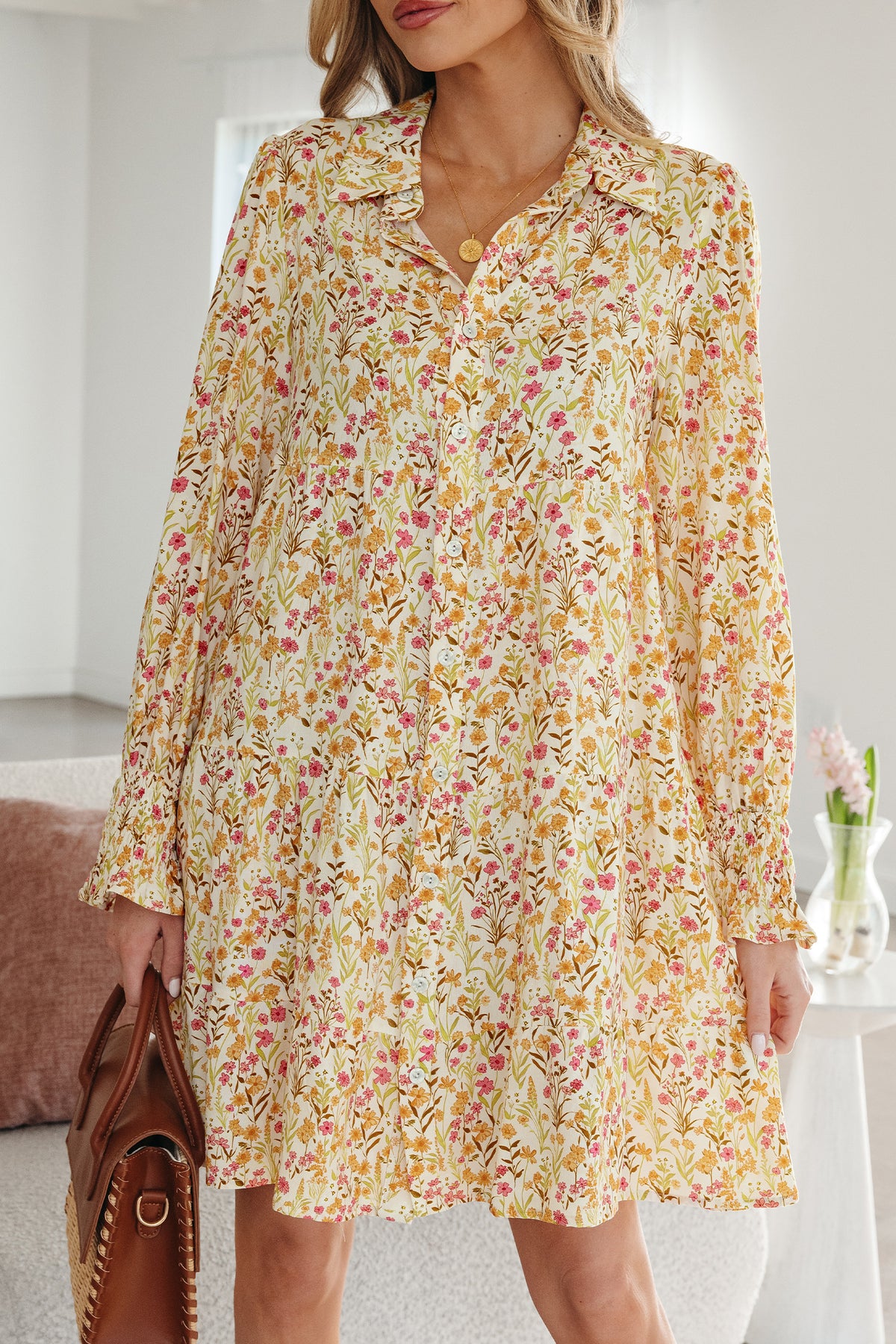 Yellow Floral Print Frilly Trim Smocked Cuff Long Sleeve Shirt Dress