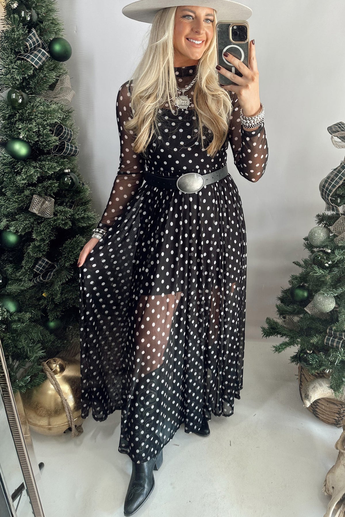 Black Polka Dot Pattern Mesh Long Sleeve Maxi Dress Set