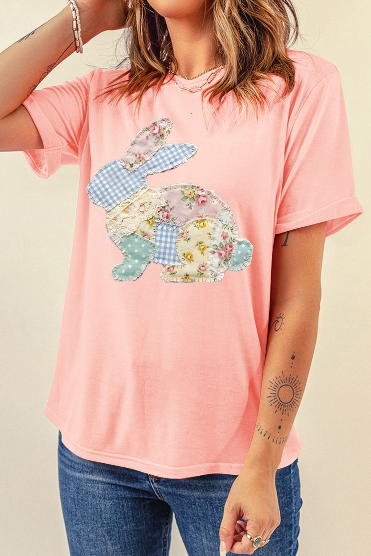 Pink Vibrant Easter Bunny Patchwork Printed T-Shirt