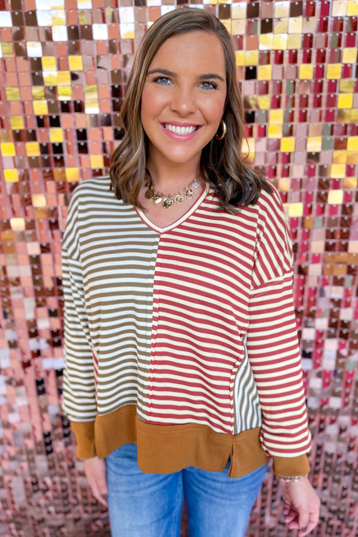 Brown Stripe Striped Color-Block V-Neck Oversized Long-Sleeve Plus Size Blouse