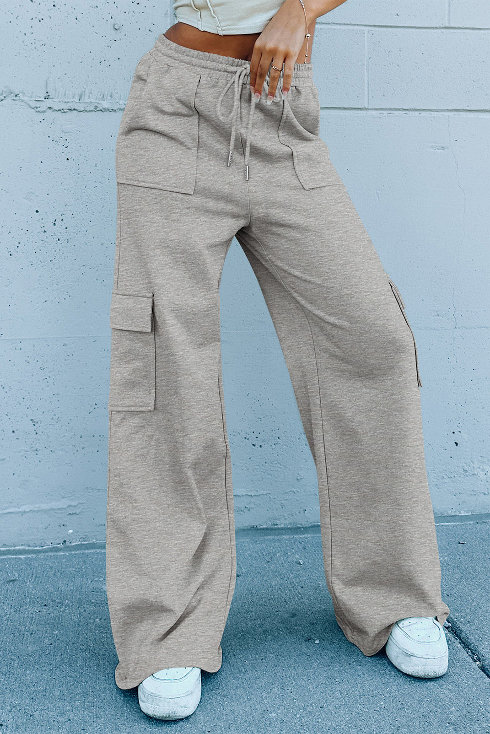 Light Grey Multi Pockets Lace-up High Waist Wide Leg Active Pants