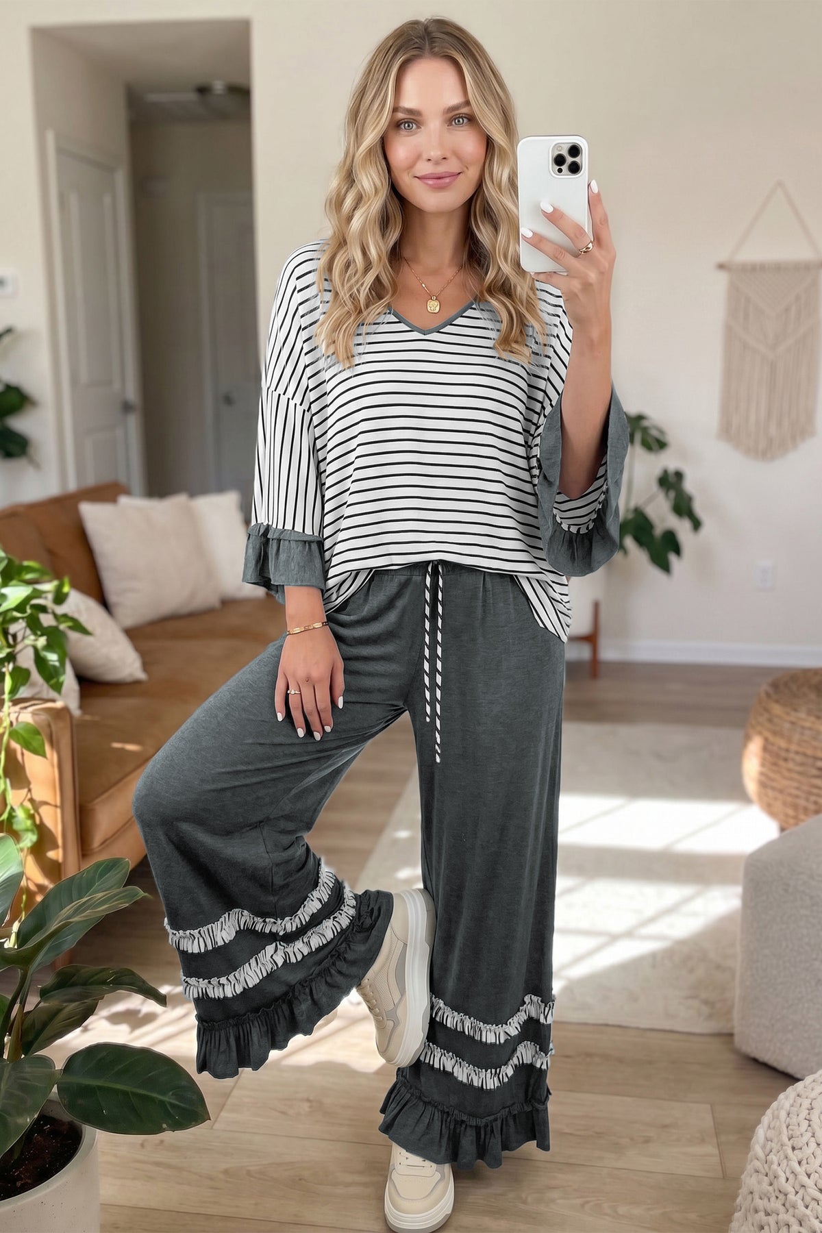 Women's Khaki Stripe V-Neck Ruffle Contrast Sleeve Top Drawstring Pants Two-Piece Set