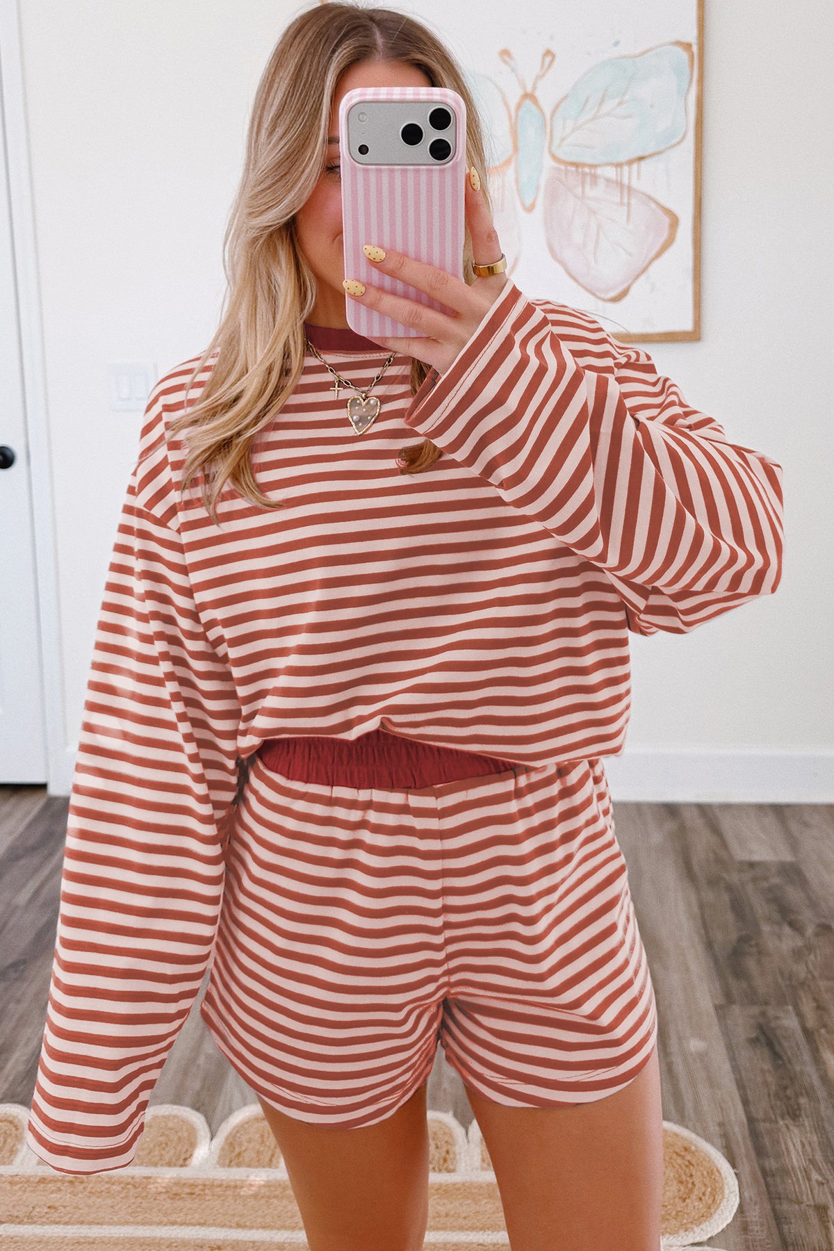 Women's Brown Stripe Relaxed Long-Sleeve Top Contrast Elastic Waistband Shorts Set