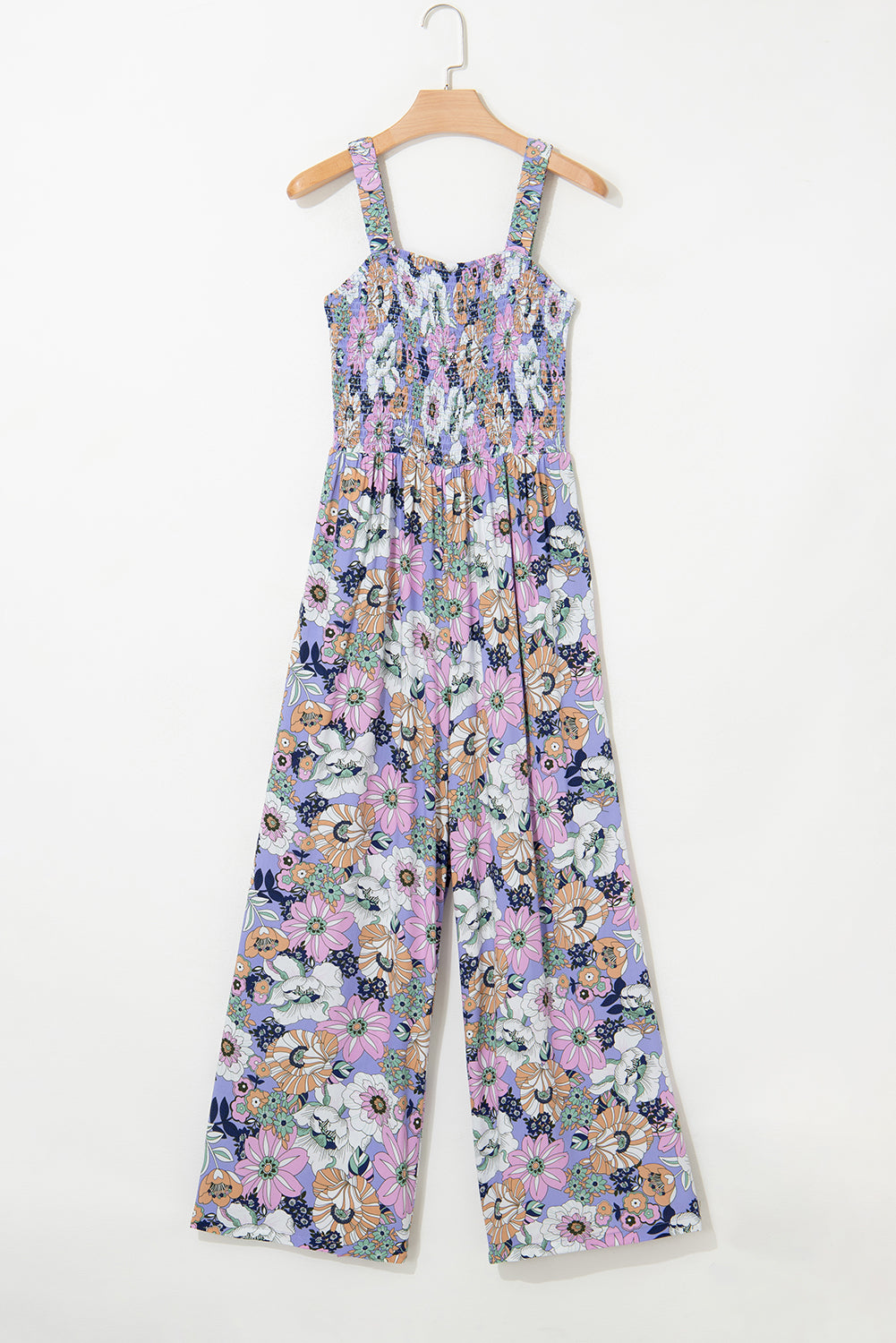 Black Floral Print Smocked High Waist Square Neck Jumpsuit