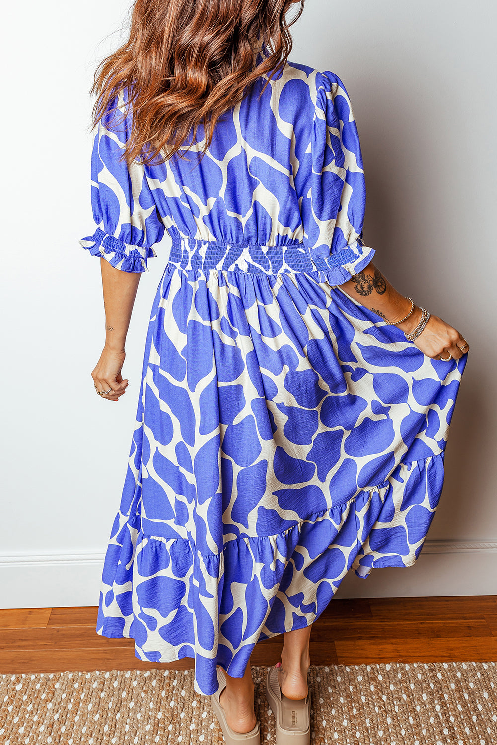 Sky Blue Abstract Print Smocked Waist Puff Half Sleeve Maxi Dress
