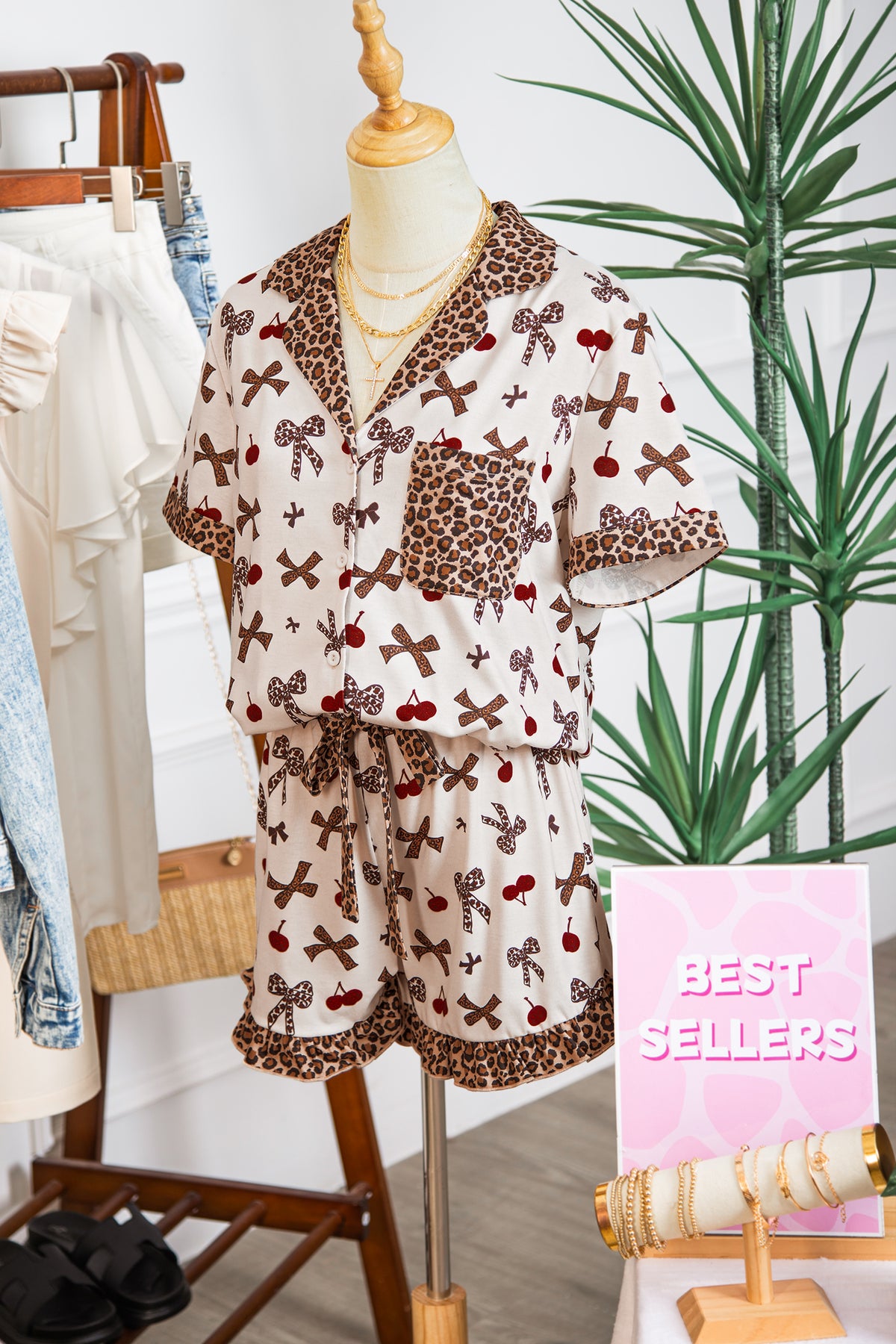 White Bow Cherry Leopard Patchwork Shirt and Shorts Pajama Set