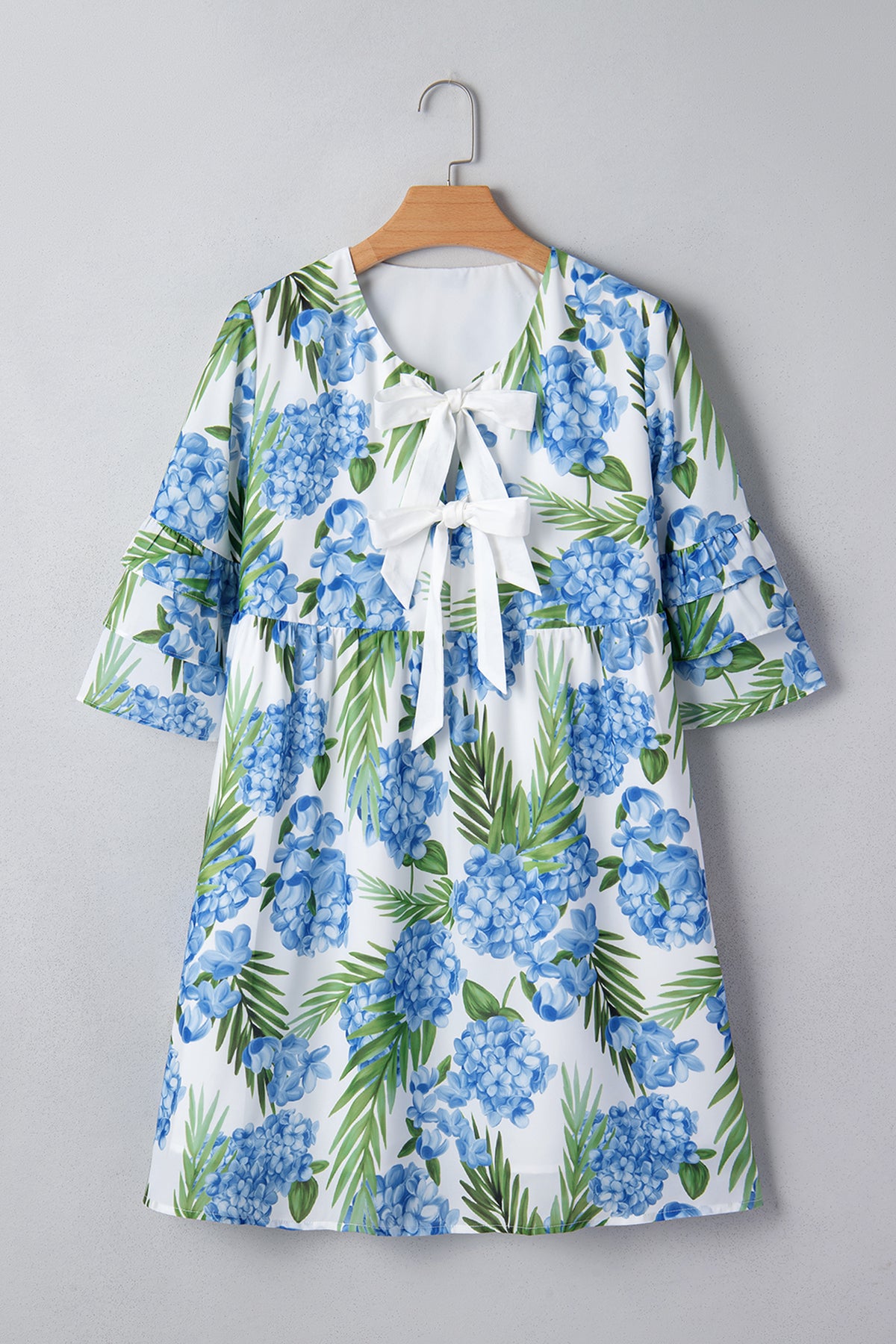 Blue Floral Ruffle Bow Mini Dress