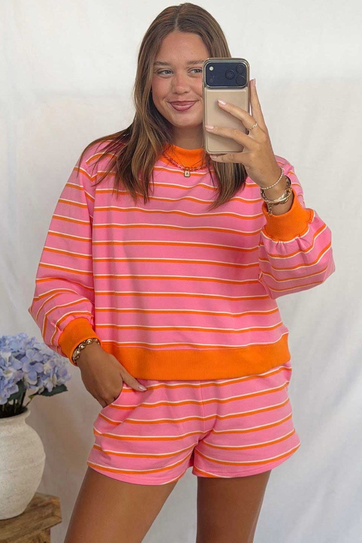 Women's Rose Stripe Color Block Trim Long-Sleeve Pullover Pocketed Shorts Two-Piece Set