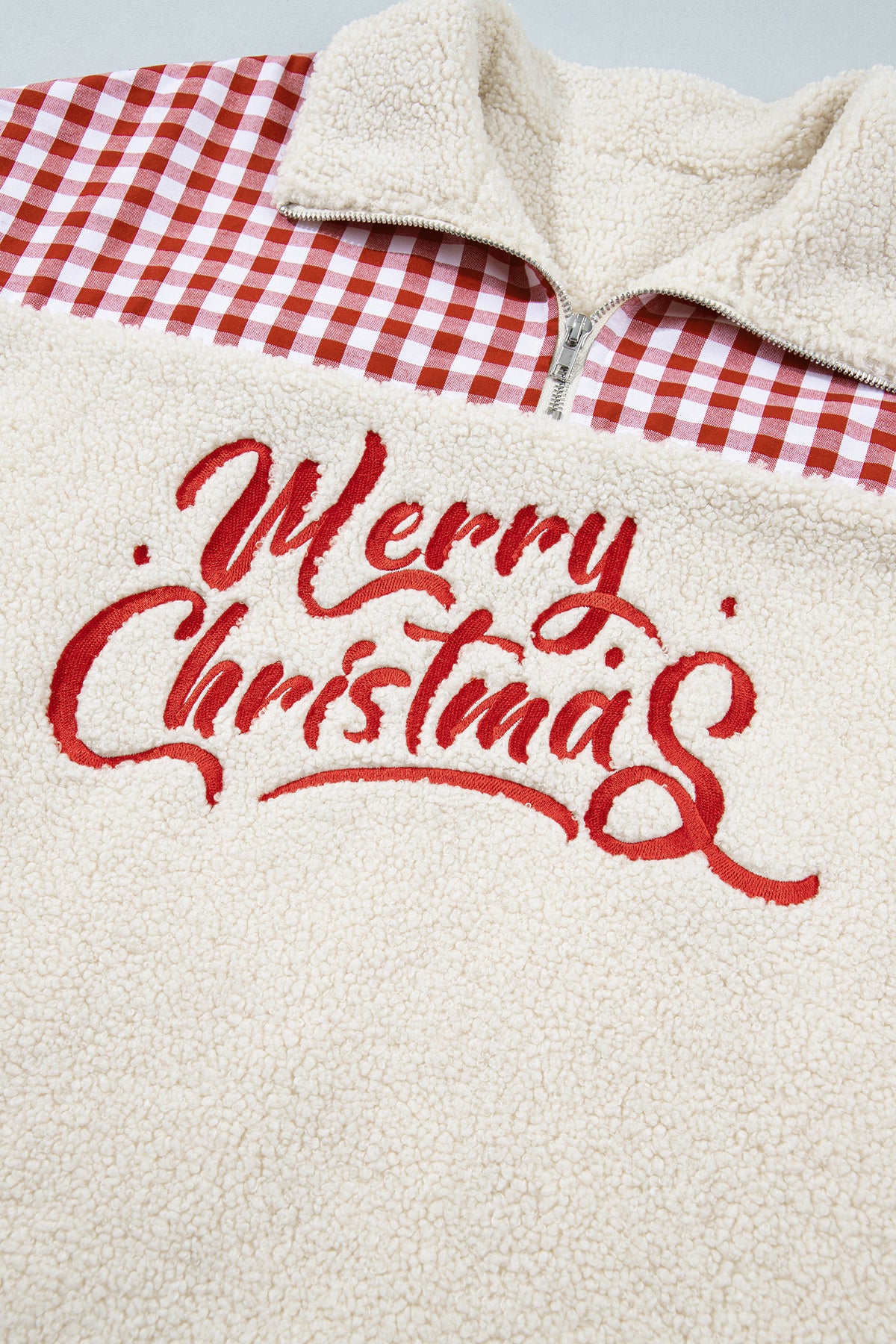 White Plush Plaid Patchwork Merry Christmas Sweatshirt
