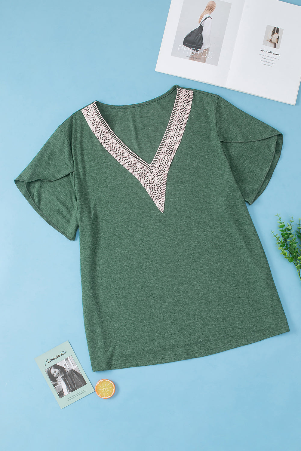 Blackish Green Plus Size Embroidery V-Neck Draped Sleeve Blouse