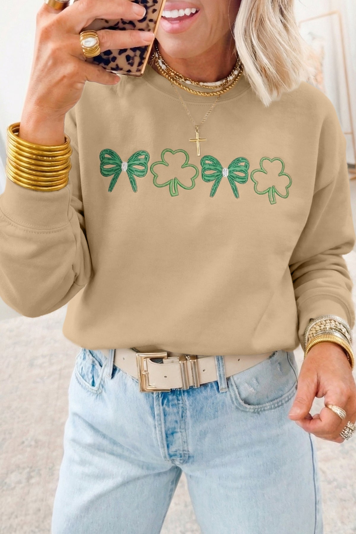 Khaki Embroidered Bow Clover St Patricks Fashion Sweatshirt
