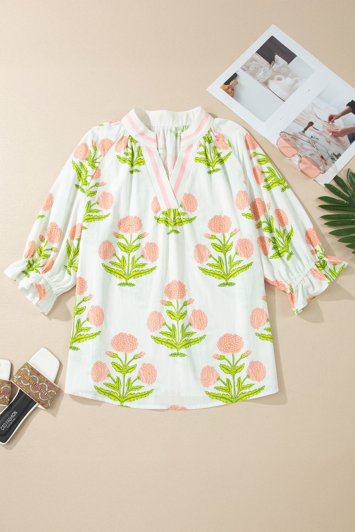 Pink Plus Size Floral Print Striped Trim V-Neck Blouse
