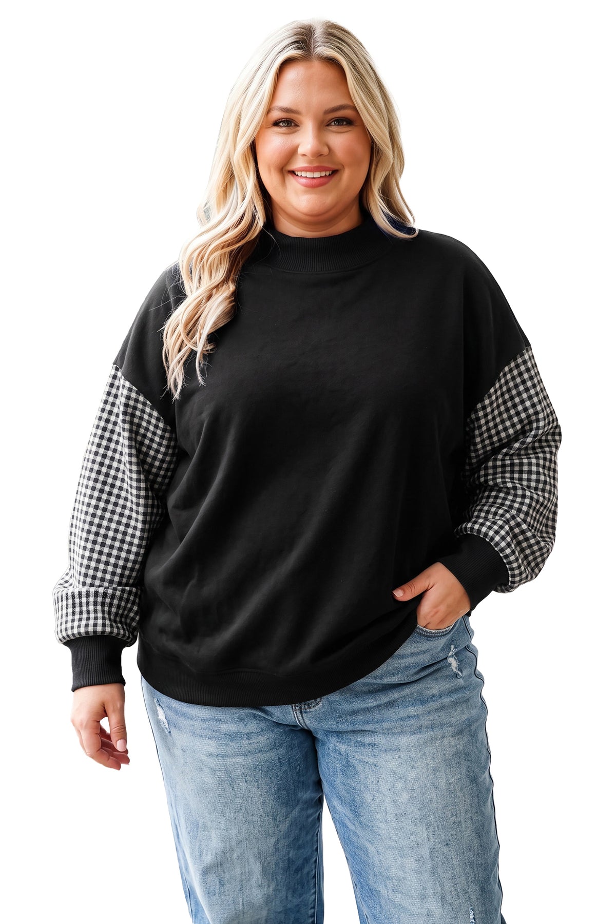 Black Plaid Patchwork Sleeve Plus Size Sweatshirt