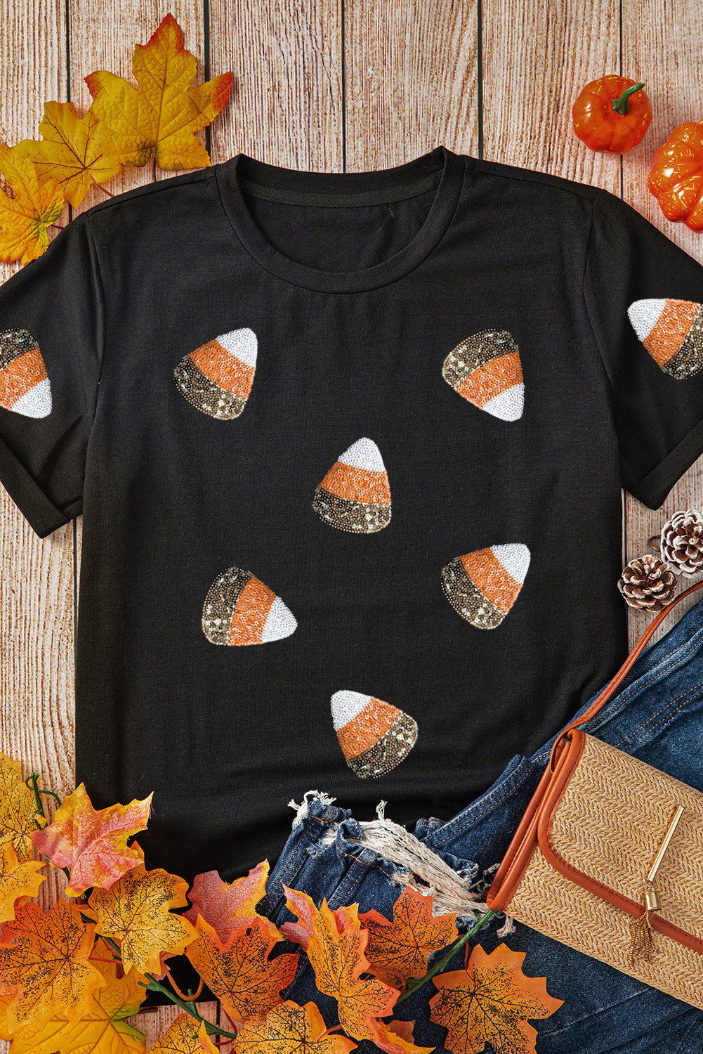 Black Sequin Candy Patched Pattern Halloween T-Shirt