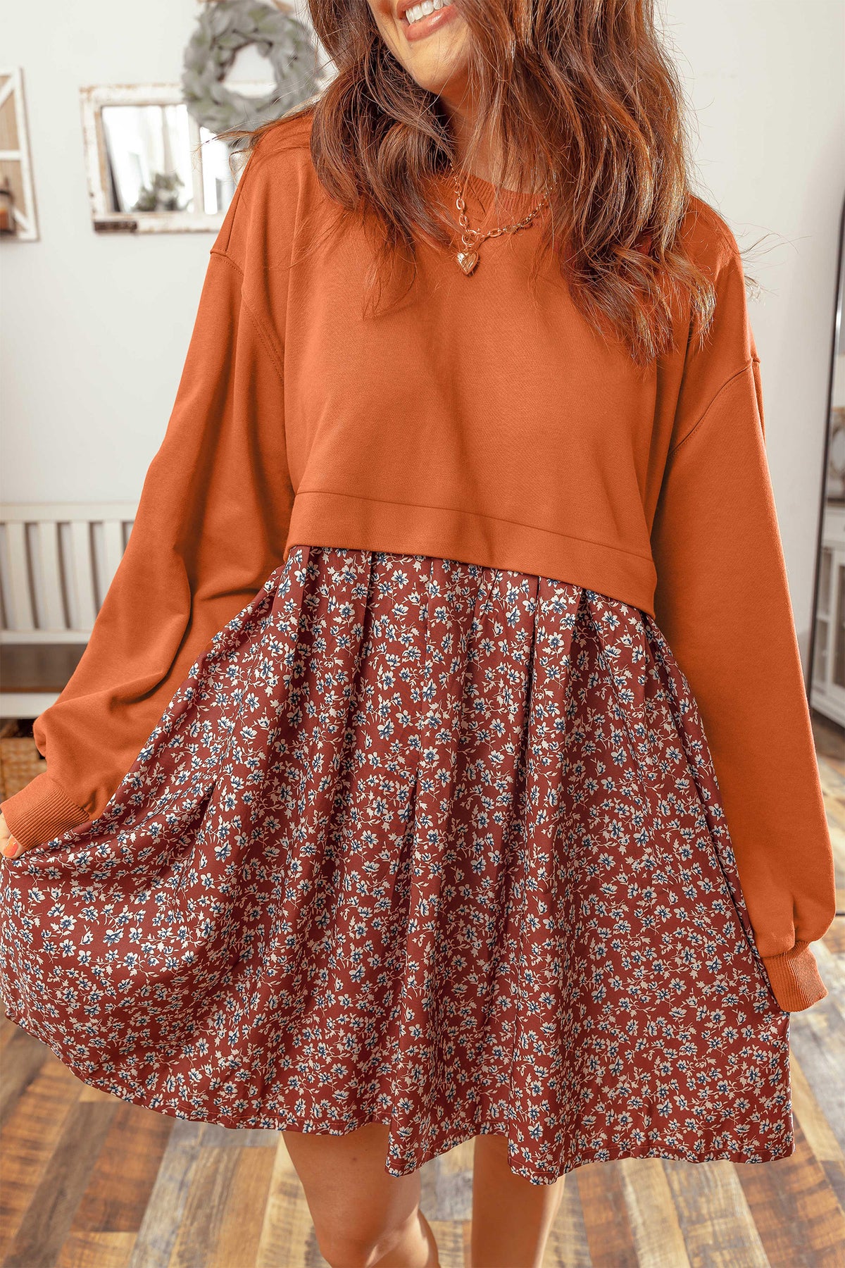 Orange Solid Long Sleeve Top Patchwork Floral Flared 2 in 1 Mini Dress