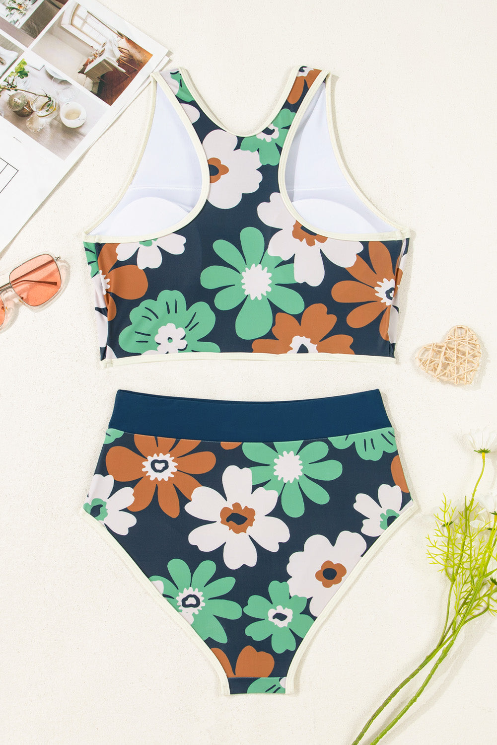 Blue Floral Zip-Up High-Waist Bikini