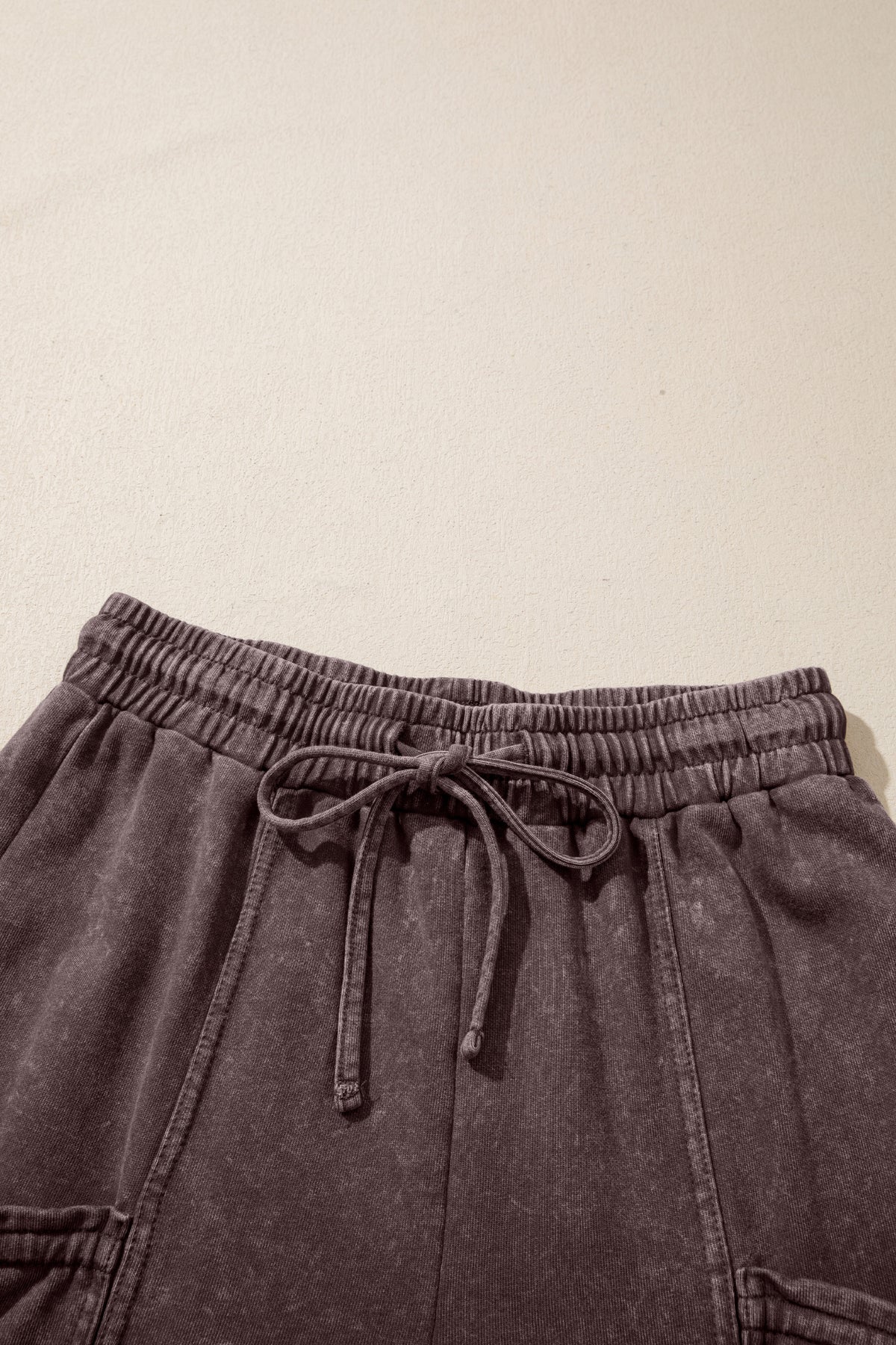 Dark Brown Cotton Mineral Wash Elastic Waist Drawstring Tie Cargo Pants