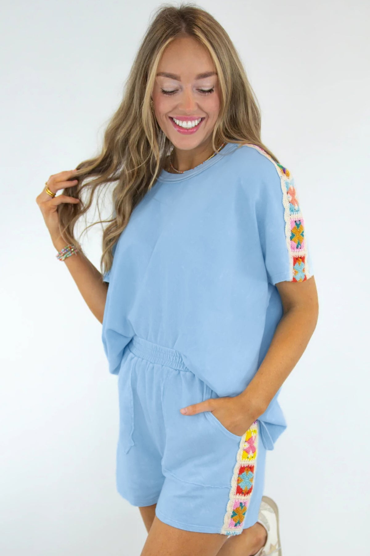 Women's Mist Blue Granny Square Crochet Detail Short Two-Piece Set