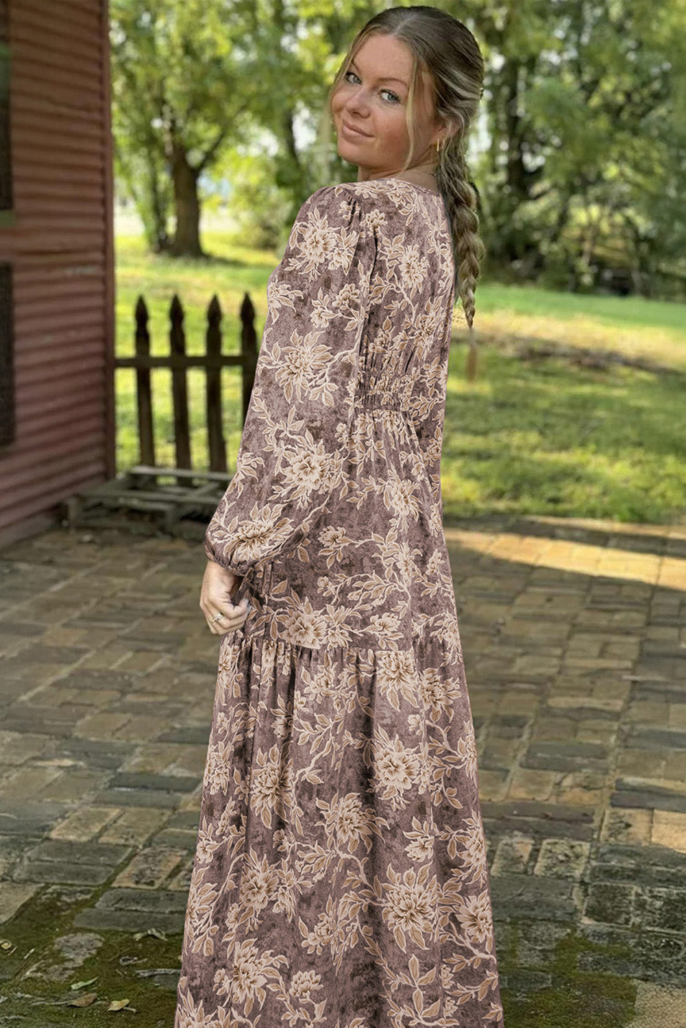 Sky Blue Floral Print Smocked High Waist Long Sleeve Maxi Dress