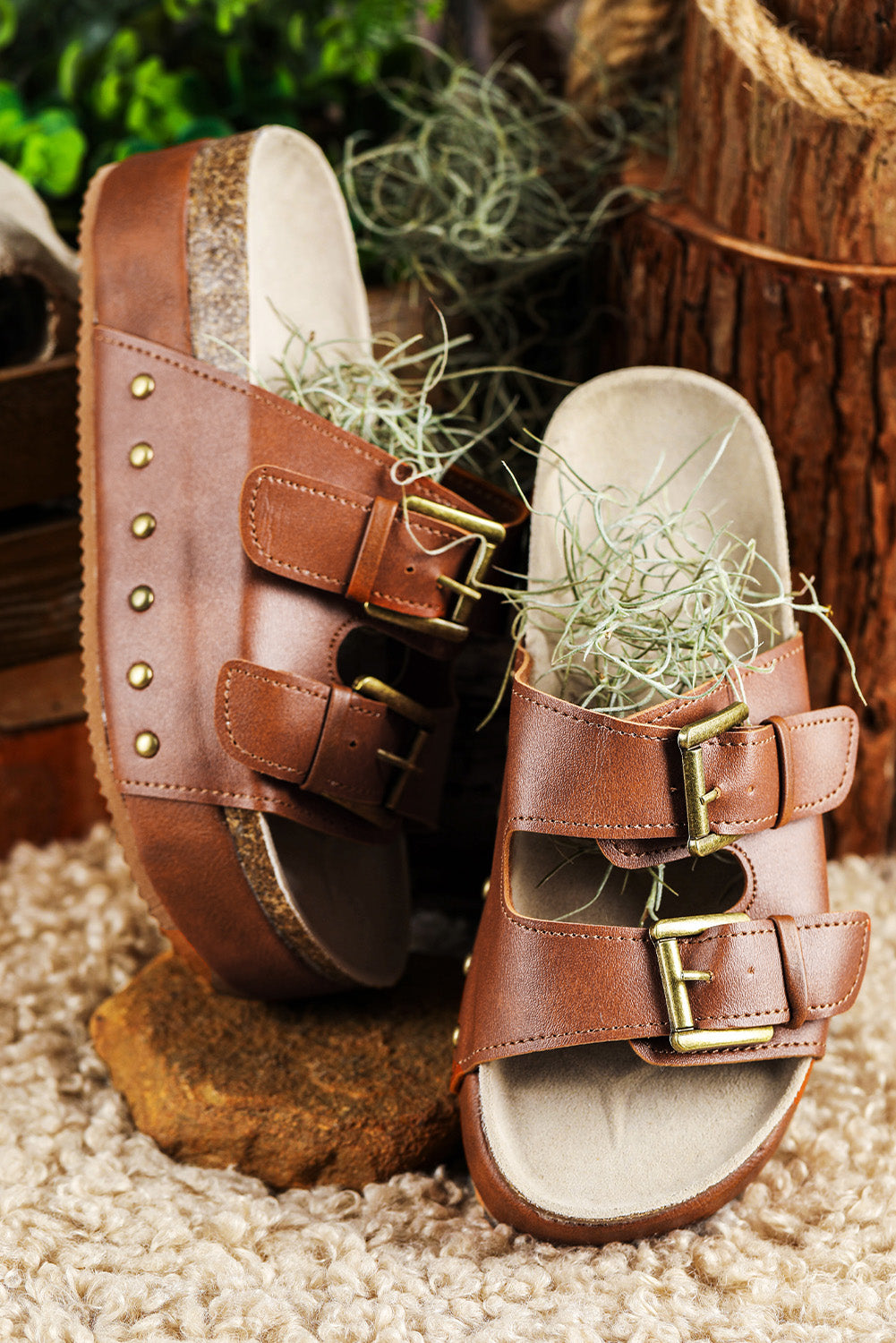 Chestnut Dual Buckle Studded Platform Sandal Sandals