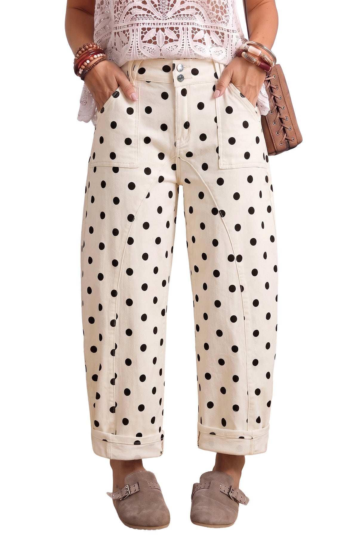 White Polka Dot Curved Ankle Denim Pants