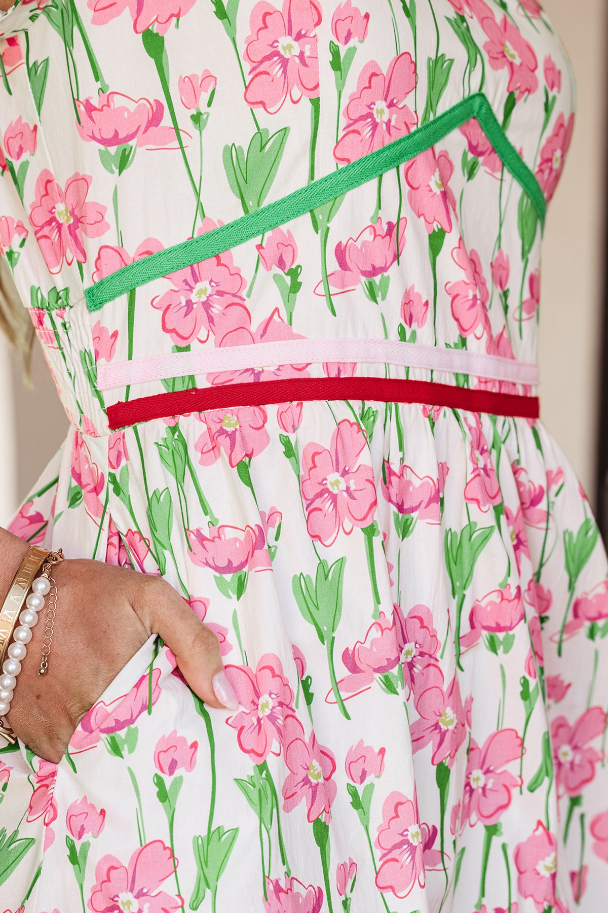 Pink Floral Print V Neck Short Sleeve Elegant Midi Dress