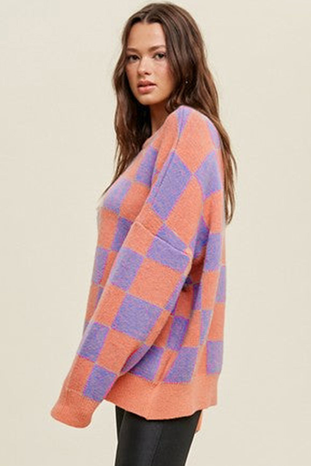 Parchment Checkered Pattern Ribbed Trim Knit Baggy Sweater