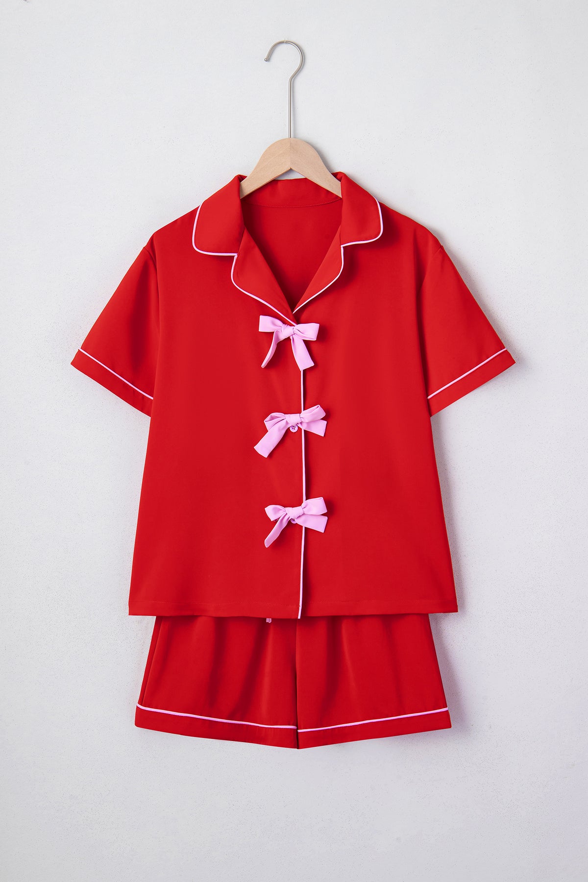 Fiery Red Contrast Trim Ribbon Bow Short Silky Pajama Set