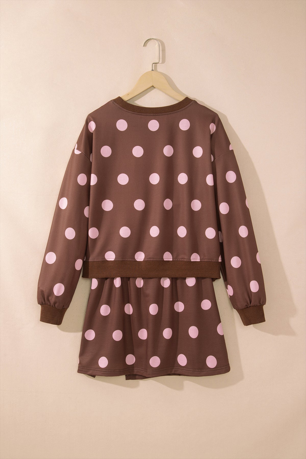 Women's Pink Polka Dot Long-Sleeve Top Split Skort Casual Two-Piece Set