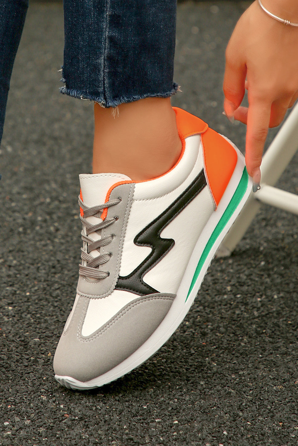 White PU Leather Color Block Patchwork Lace-Up Sneakers