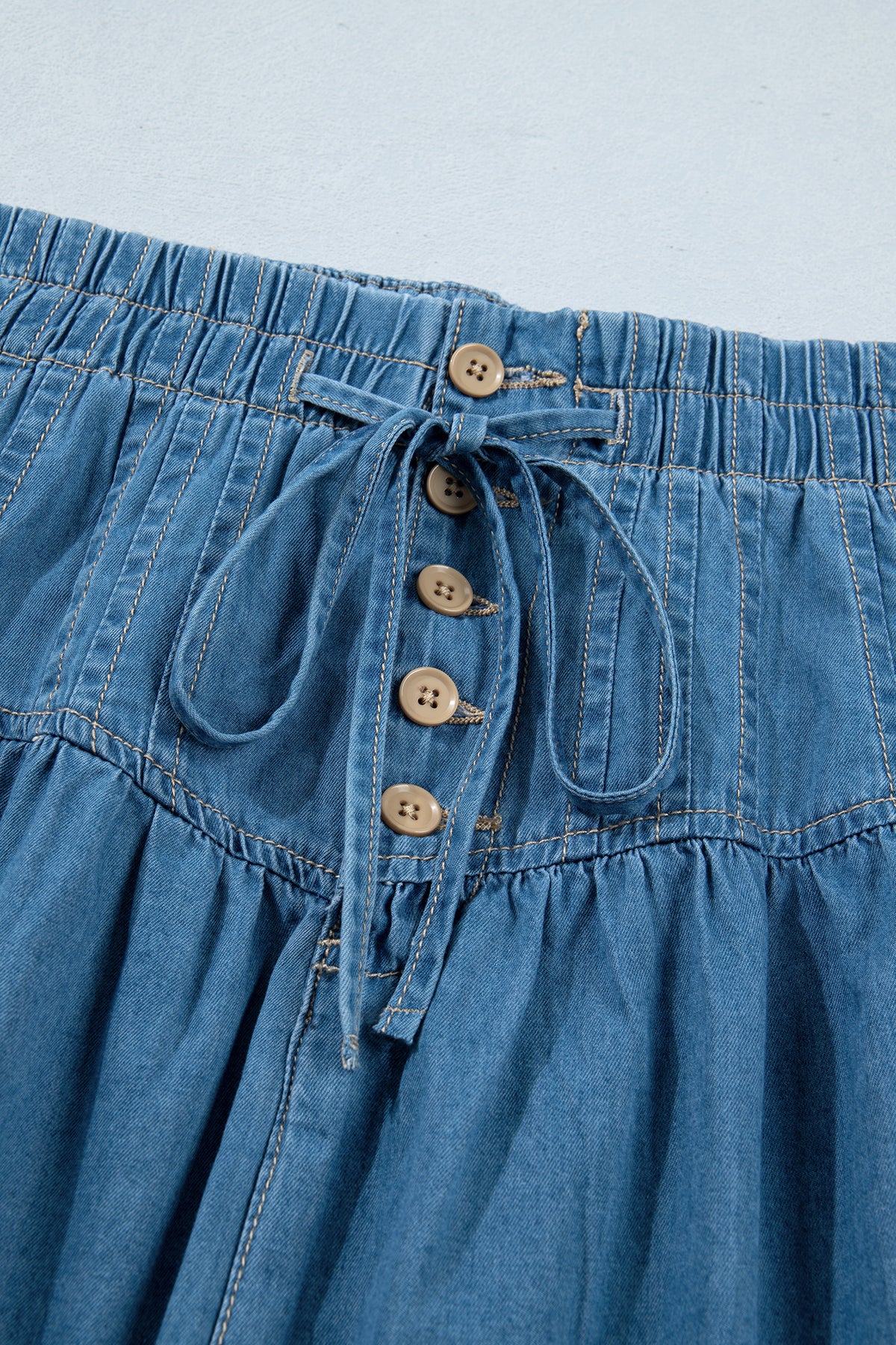Sky Blue Half Buttons Pleated High Waist Denim Mini with Skirt