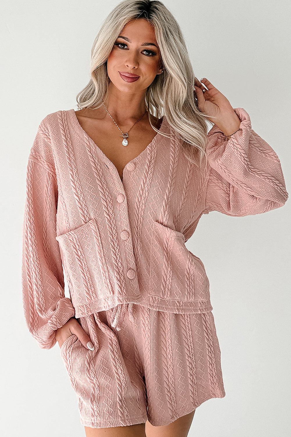 Women's Gossamer Pink Cable Knit V-Neck Cardigan Shorts Set