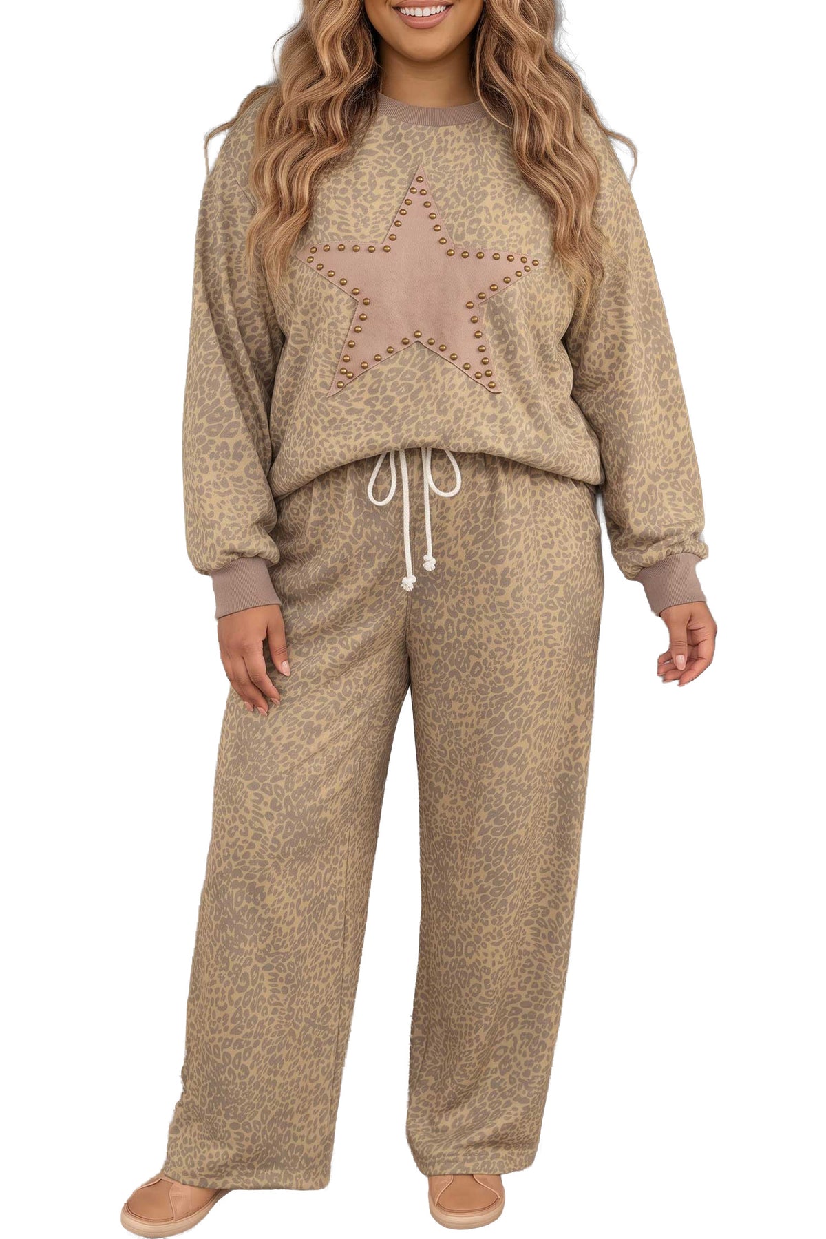 Khaki Leopard Print Star Patch Color-Block Long-Sleeve Top Plus Size Drawstring Pants Set