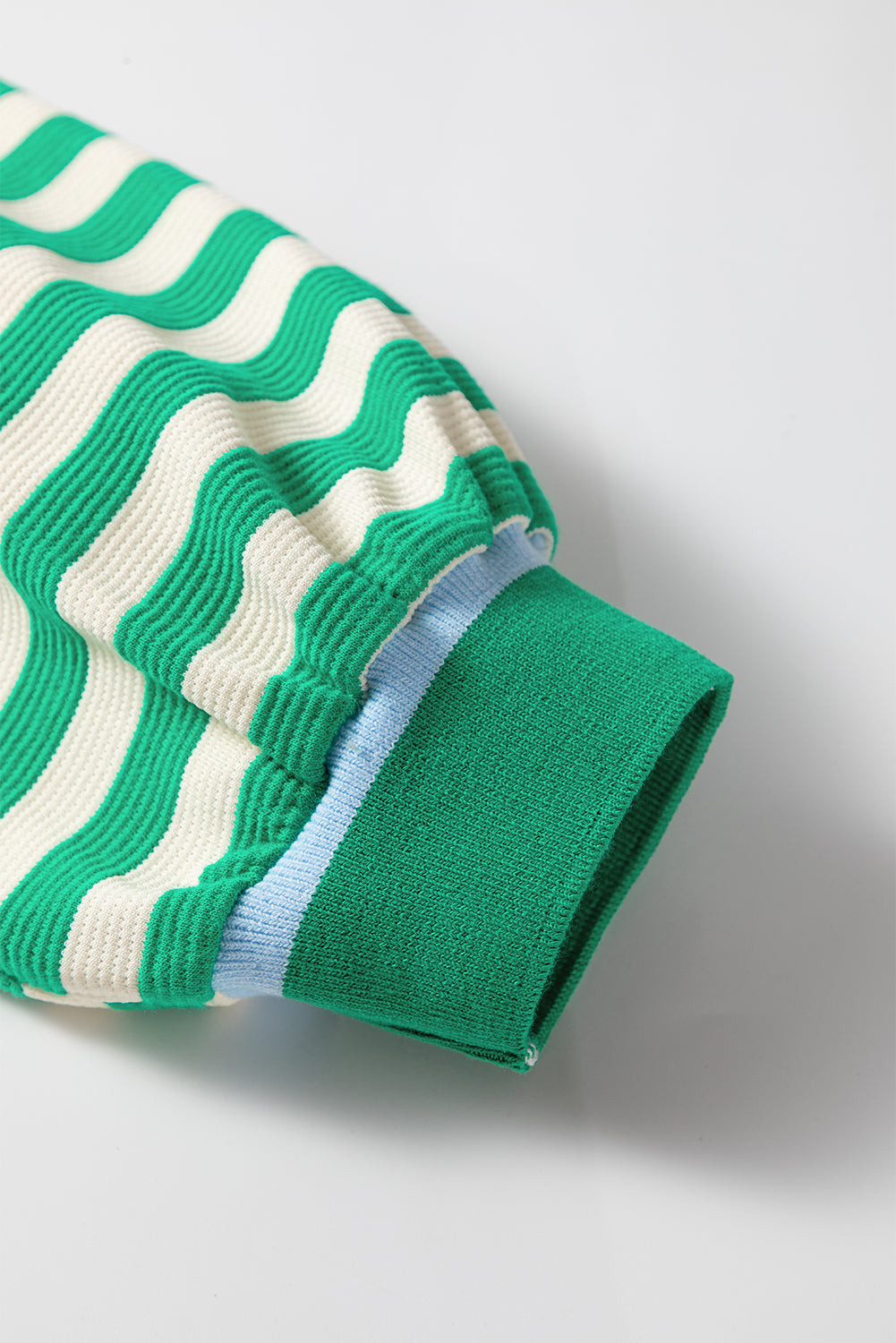 Green Striped Contrast Collar Split Neck Long Sleeve Mini Dress